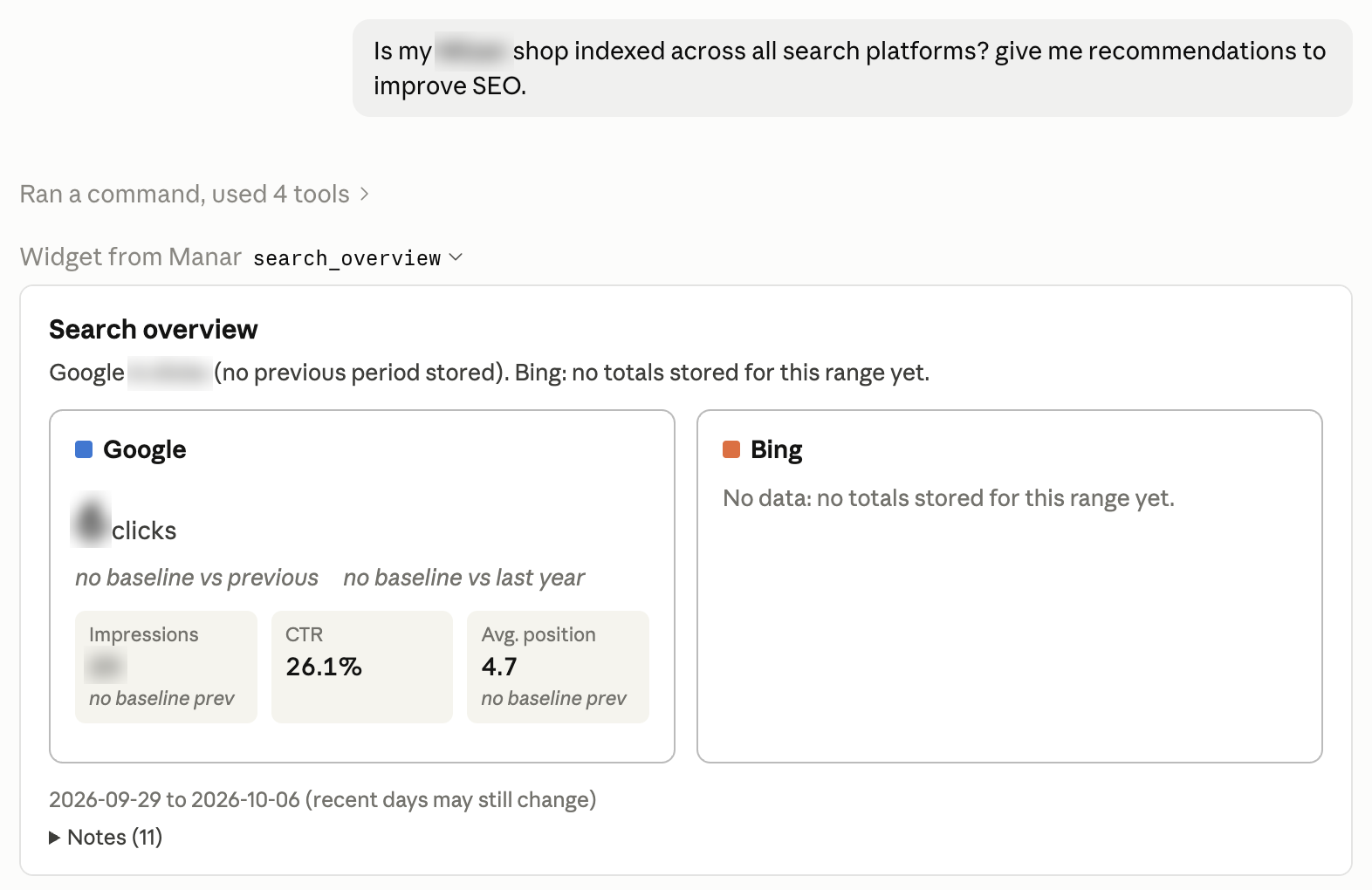 Claude showing a Manar search overview widget with Google clicks, impressions, CTR and average position, and Bing status